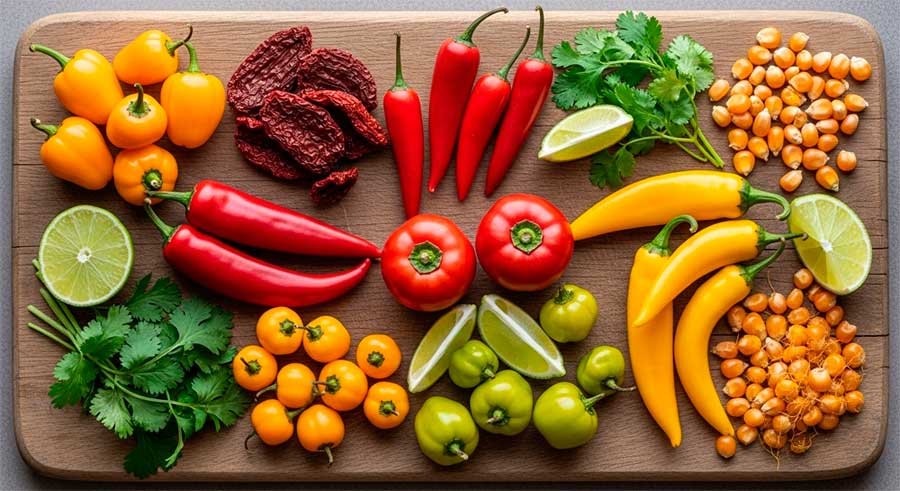Tipos de ajíes peruanos sobre una tabla de madera rustica