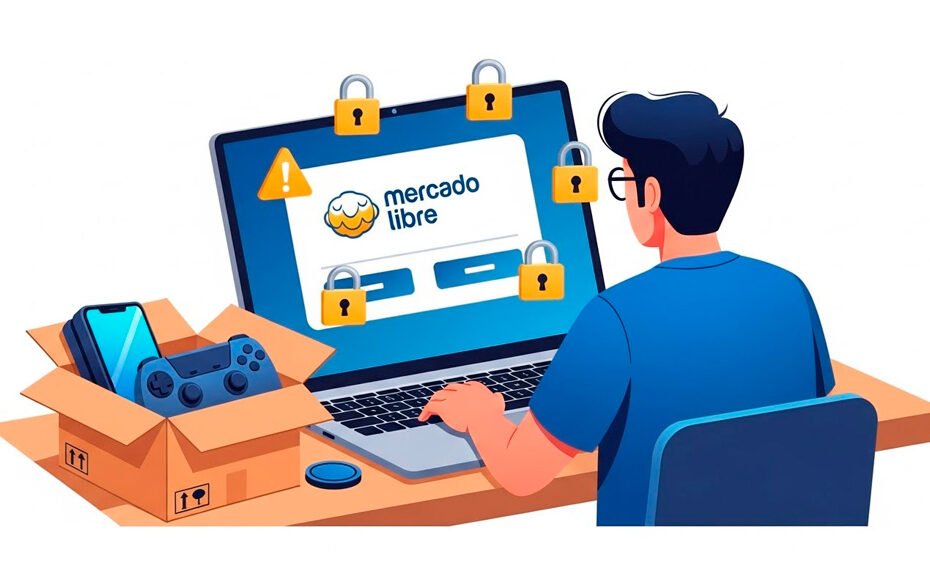 Al vender productos, ¿se pueden evitar estafas en Mercado Libre? un vendedor online peruano frente a una laptop, viendo la pantalla de Mercado Libr