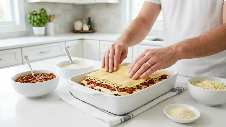 Armado de capas de lasaña boloñesa paso a paso