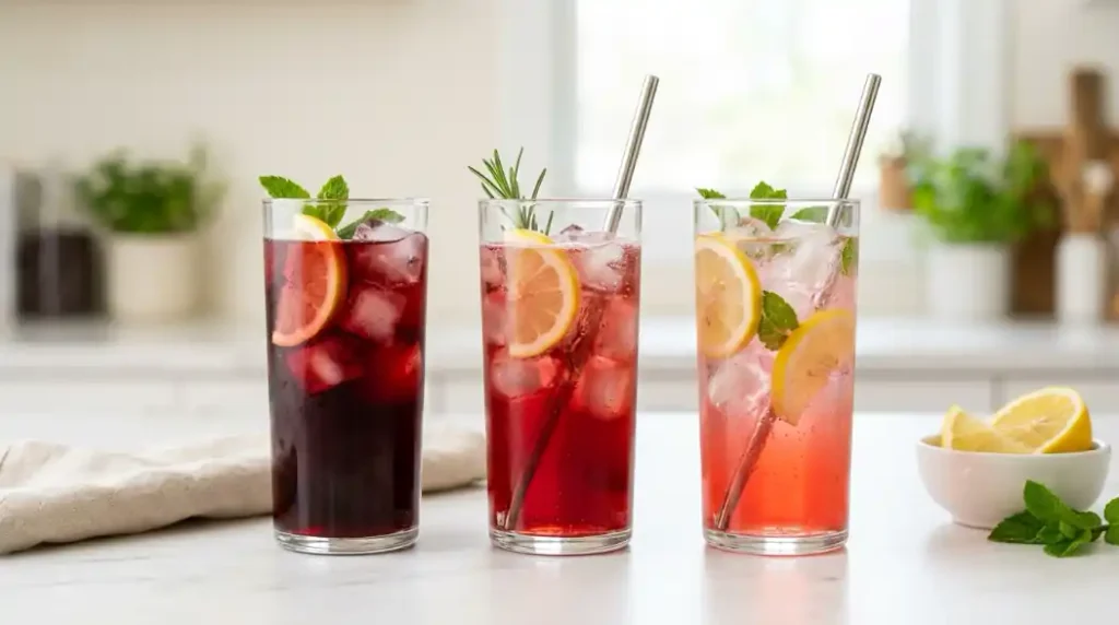 Tres vasos de tinto de verano con distintas proporciones de vino y refresco