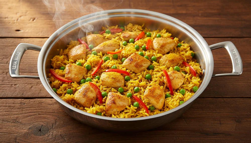 Arroz Dorado con Pollo al Vapor Sellado