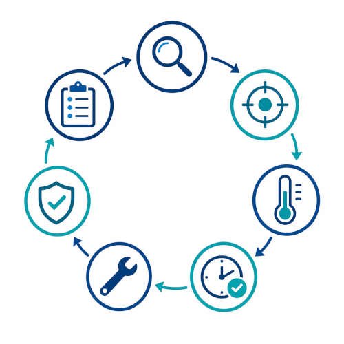 Diagrama de los 7 principios del sistema HACCP representados como flujo circular con íconos para cada etapa del proceso