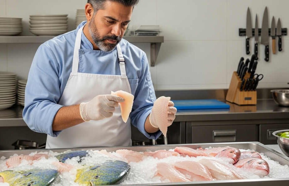 Requisitos sanitarios para abrir una cevichería: Cocinero de cevichería inspeccionando frescura de filetes de pescado sobre hielo como parte del control de inocuidad en productos del mar