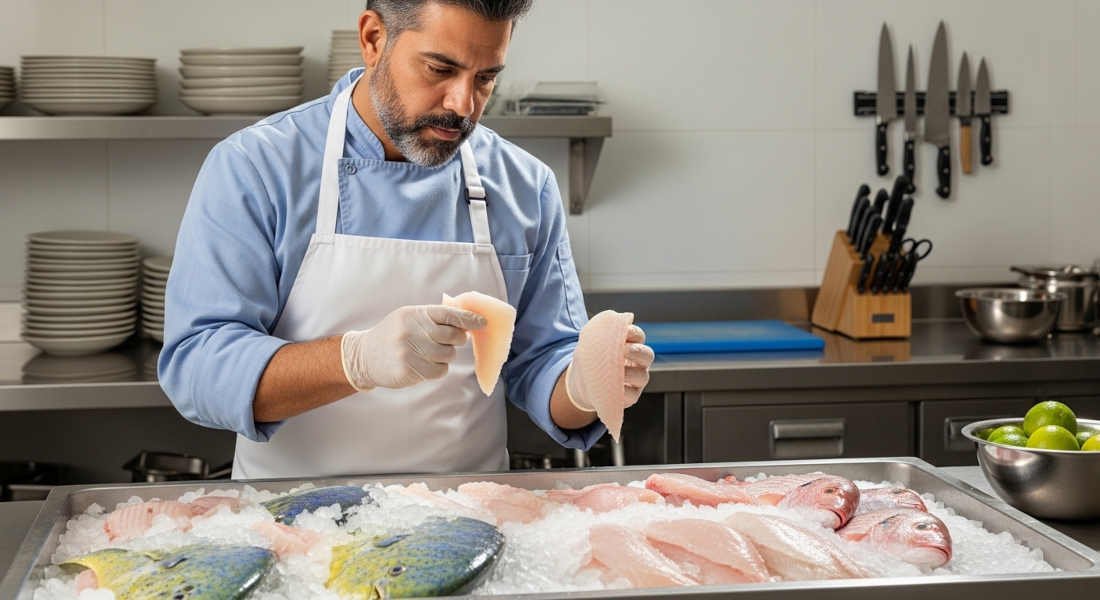Requisitos sanitarios para abrir una cevichería: Cocinero de cevichería inspeccionando frescura de filetes de pescado sobre hielo como parte del control de inocuidad en productos del mar