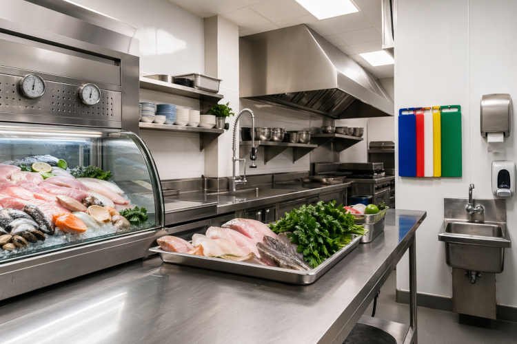 Cocina de cevichería con infraestructura sanitaria adecuada: mesadas de acero inoxidable, pescado sobre hielo, termómetros visibles y área de lavado de manos separada