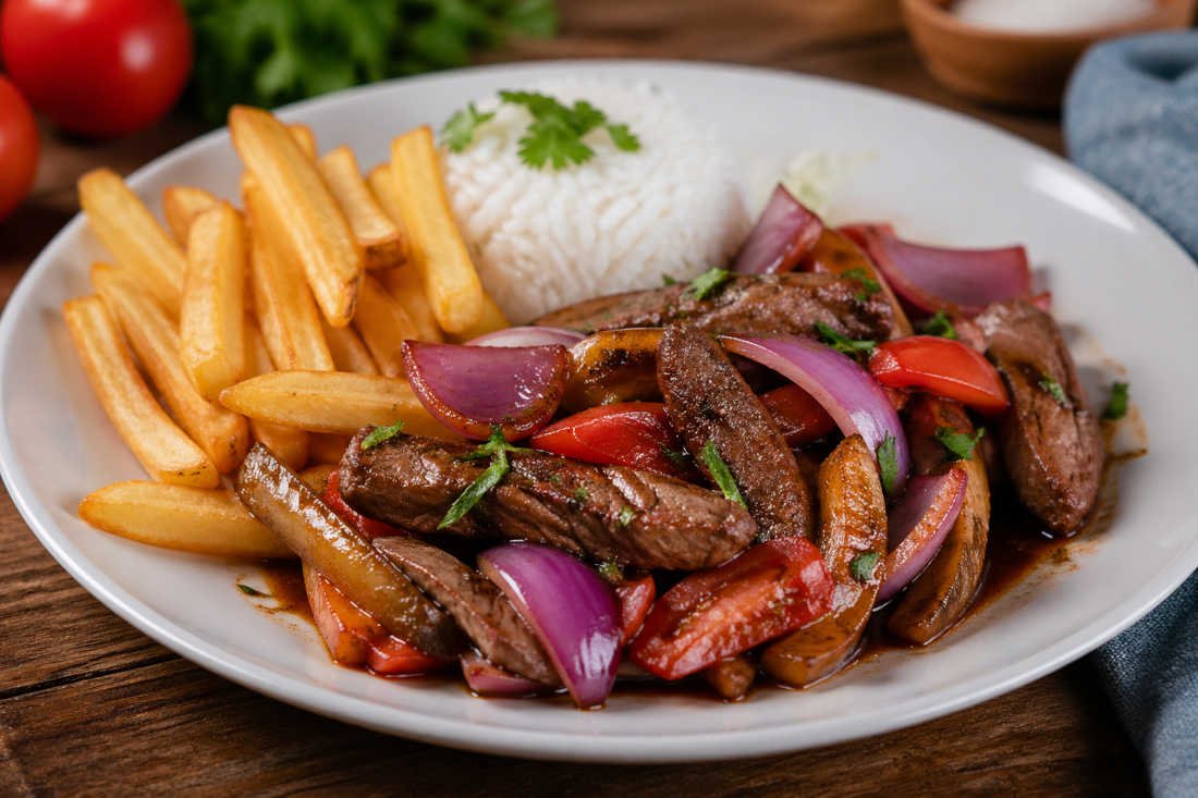 Lomo saltado peruano auténtico con carne jugosa, papas fritas crujientes y arroz graneado, servido en plato blanco sobre mesa de madera