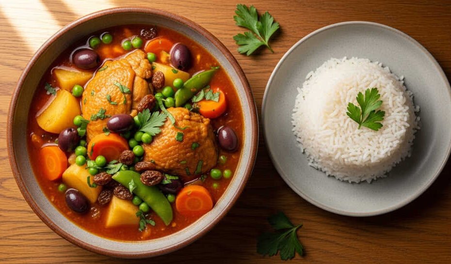 Estofado de pollo peruano casero servido en bol de cerámica con papas, arvejas, aceitunas y arroz blanco