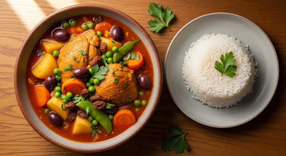 Estofado de pollo peruano casero servido en bol de cerámica con papas, arvejas, aceitunas y arroz blanco