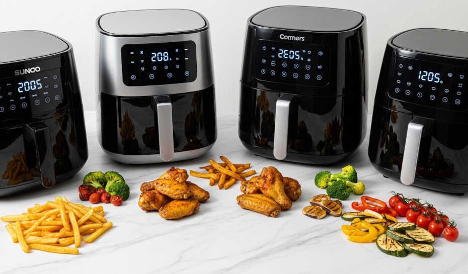 Comparativa de las mejores freidoras de aire 2026 con resultados de cocción: patatas fritas crujientes, alitas y verduras asadas