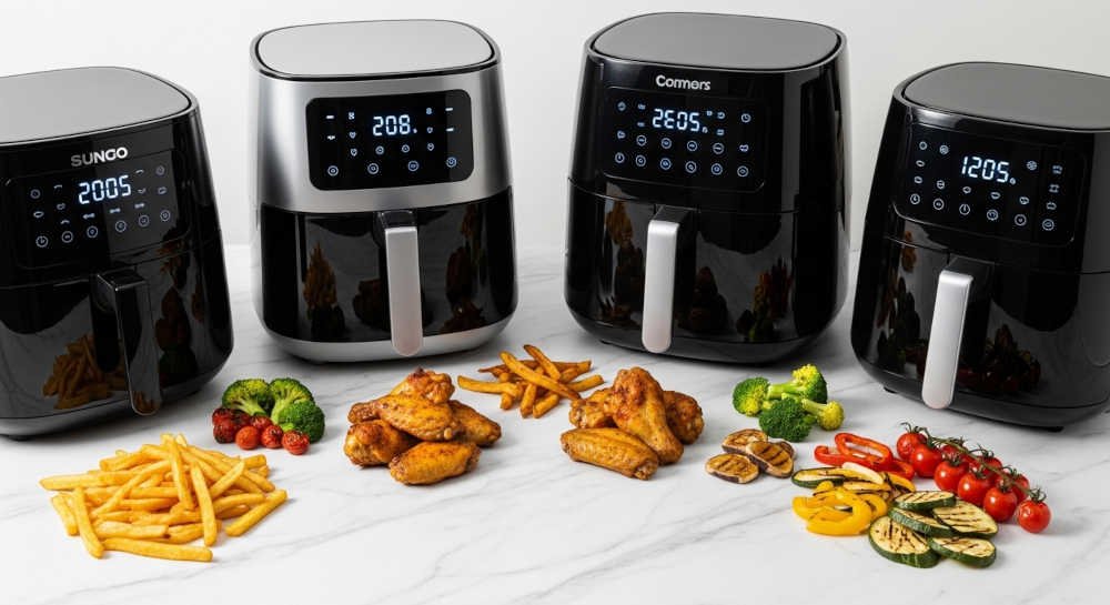 Comparativa de las mejores freidoras de aire 2026 con resultados de cocción: patatas fritas crujientes, alitas y verduras asadas