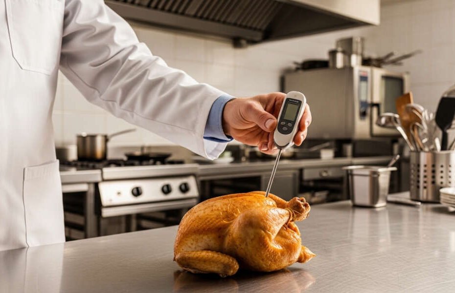 Profesional de inocuidad alimentaria midiendo la temperatura interna del pollo en una cocina comercial como parte del sistema HACCP