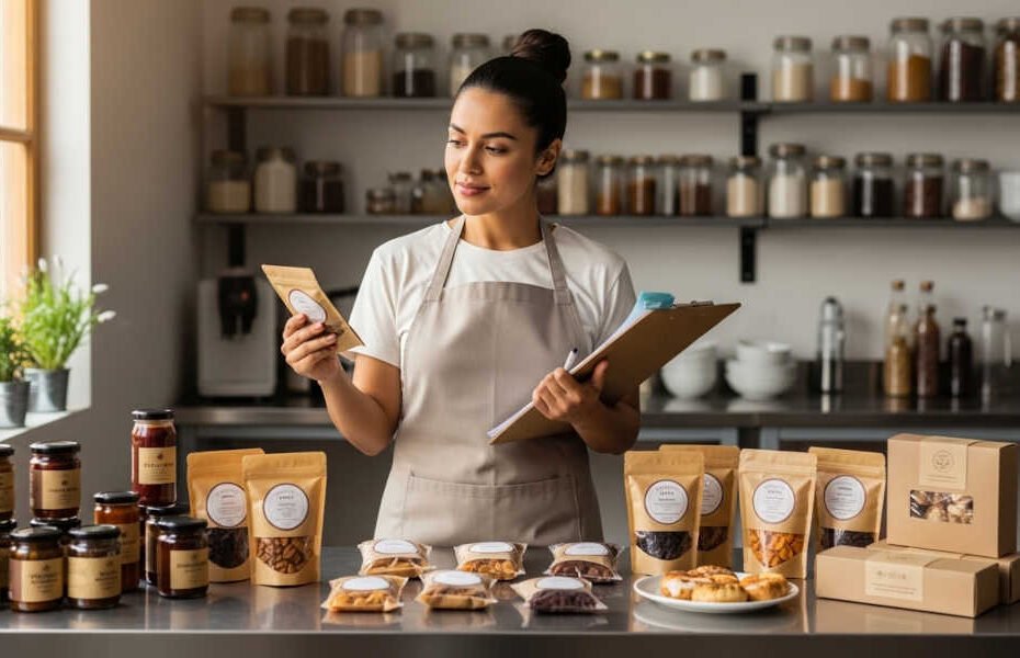 Requisitos de inocuidad alimentaria: emprendedora revisando documentación de inocuidad alimentaria y etiquetas de sus productos artesanales para cumplir requisitos de supermercados