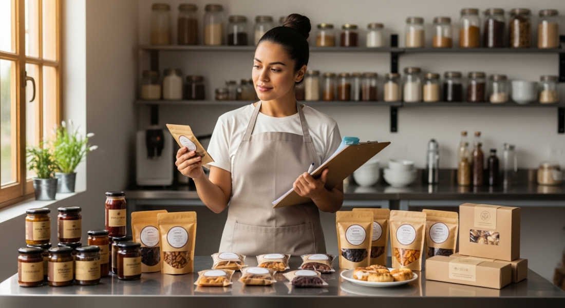 Requisitos de inocuidad alimentaria: emprendedora revisando documentación de inocuidad alimentaria y etiquetas de sus productos artesanales para cumplir requisitos de supermercados