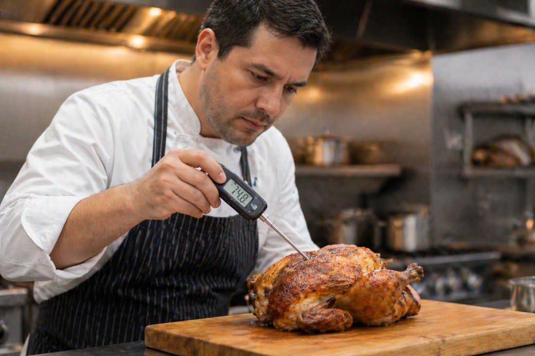 Chef profesional midiendo la temperatura interna de un pollo asado con termómetro de sonda como parte del control de puntos críticos en cocina