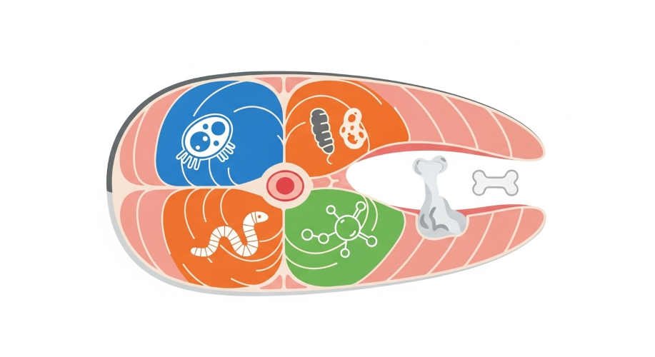 Ilustración de los cuatro tipos de peligros sanitarios en pescado crudo: biológicos, parasitarios, químicos y físicos representados con íconos