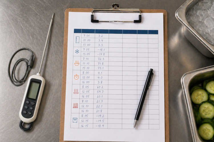 Planilla de registro de temperaturas y termómetro de sonda sobre superficie de acero inoxidable en cocina comercial para control de puntos críticos