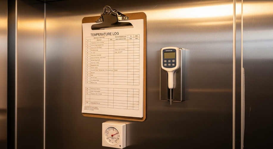 Estación de control de temperatura en cocina comercial con planillas de registro, termómetro de sonda calibrado y termómetro de heladera