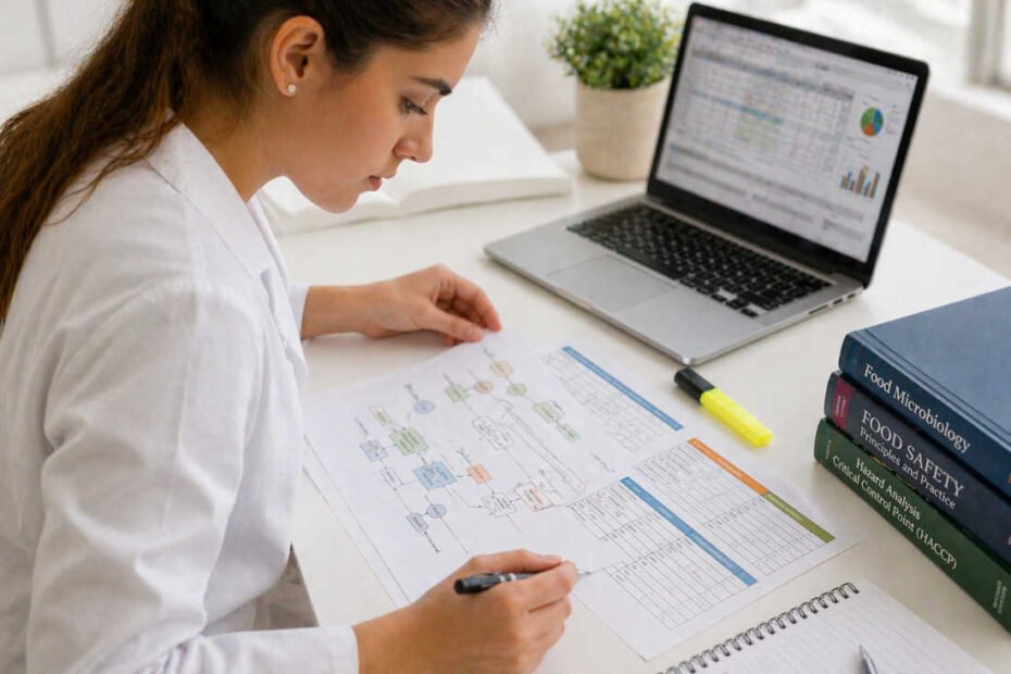 Estudiante de ciencias de alimentos elaborando un plan HACCP paso a paso con diagrama de flujo impreso y computadora portátil
