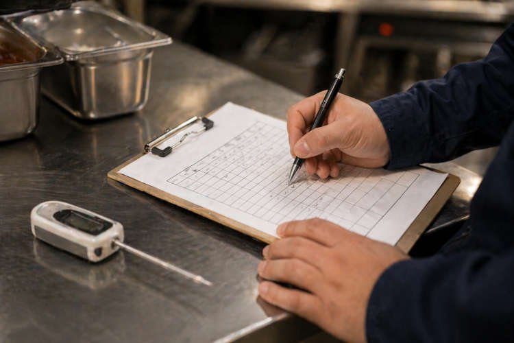 Manos de inspector sanitario revisando planilla de registro de temperaturas junto a termómetro digital calibrado en cocina comercial