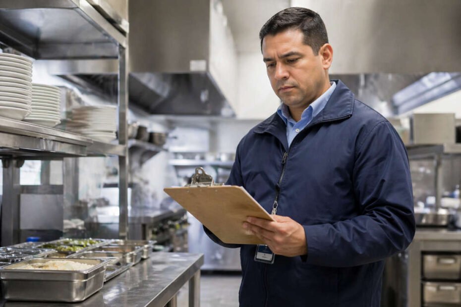 Auditoría sanitaria en un restaurante: Inspector sanitario revisando registros de inocuidad alimentaria en la cocina de un restaurante durante una auditoría oficial