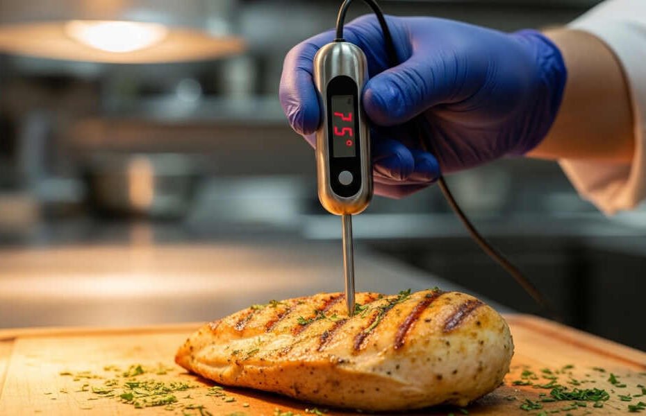 Control de temperatura en restaurantes: Chef midiendo temperatura interna de pollo cocido con termómetro de sonda en cocina de restaurante como parte del control de inocuidad alimentaria