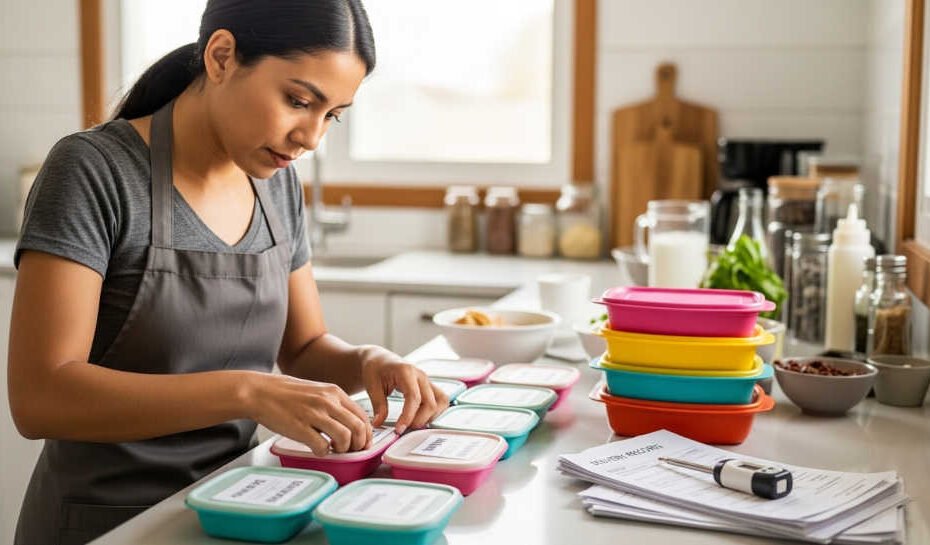 Emprendedora de viandas escolares etiquetando contenedores individuales con nombre del alumno y menú del día como parte de su protocolo de seguridad alimentaria