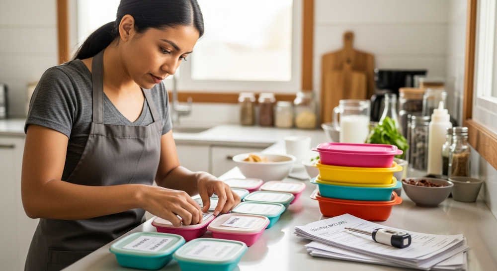 Emprendedora de viandas escolares etiquetando contenedores individuales con nombre del alumno y menú del día como parte de su protocolo de seguridad alimentaria