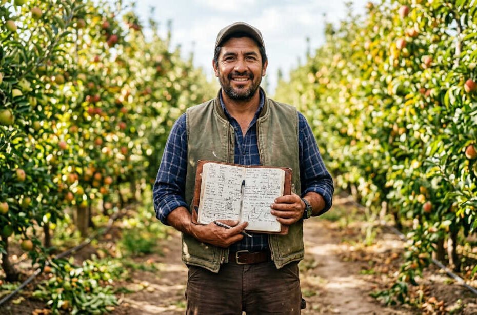 Agricultor latinoamericano con cuaderno de campo de registros de producción en su huerto de frutas, documentando trazabilidad para exportación a Europa