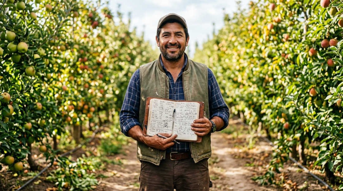 Agricultor latinoamericano con cuaderno de campo de registros de producción en su huerto de frutas, documentando trazabilidad para exportación a Europa