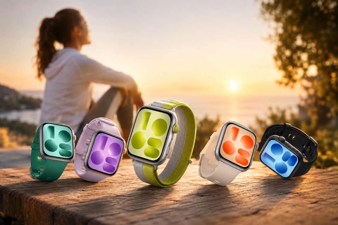 HUAWEI WATCH FIT 5 en varios colores sobre una mesa al atardecer, representando deporte, bienestar y un estilo de vida activo.