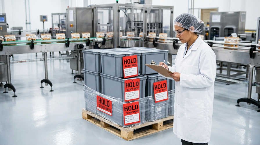 Fallo en Línea de Producción de Alimentos: Lote de producto retenido e identificado con etiquetas de cuarentena en planta de alimentos, separado de la línea de producción activa para evaluación de inocuidad