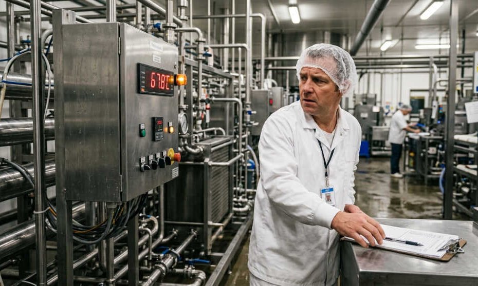 Operario de planta de alimentos documentando una lectura de temperatura fuera de límite en el panel de control de un pasteurizador industrial