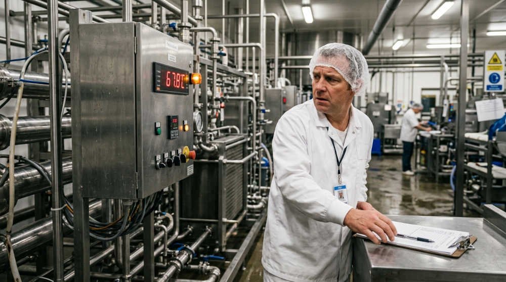Operario de planta de alimentos documentando una lectura de temperatura fuera de límite en el panel de control de un pasteurizador industrial