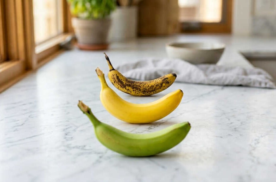 Tres etapas de madurez de la banana: verde, amarilla y madura con manchas sobre mármol blanco