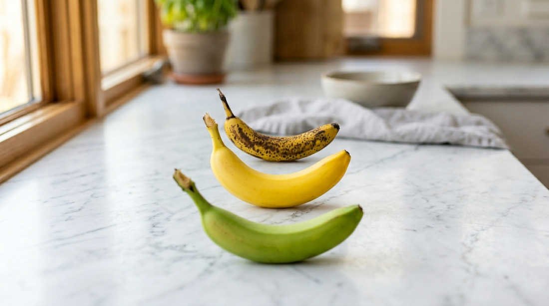 Tres etapas de madurez de la banana: verde, amarilla y madura con manchas sobre mármol blanco