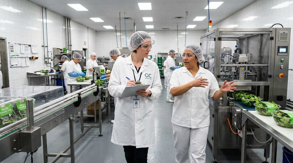 Consultora de inocuidad realizando recorrido de diagnóstico en planta de alimentos junto a operario durante las primeras semanas de implementación del sistema HACCP