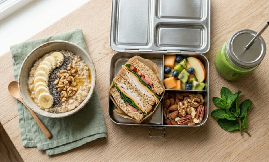 Desayunos saludables para niños en edad escolar: lonchera nutritiva con sándwich integral, frutas y avena con chía