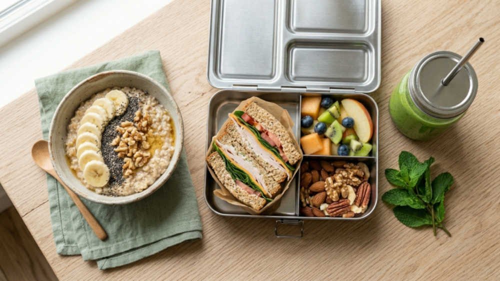 Desayunos saludables para niños en edad escolar: lonchera nutritiva con sándwich integral, frutas y avena con chía