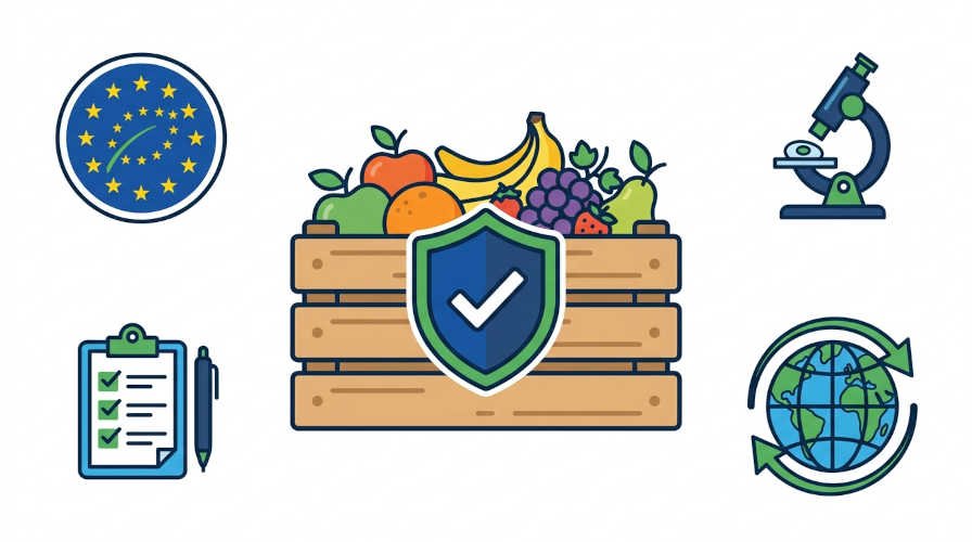 Ilustración de producto agrícola certificado para exportación a Europa con íconos de certificación GlobalGAP, análisis de laboratorio y mercado internacional