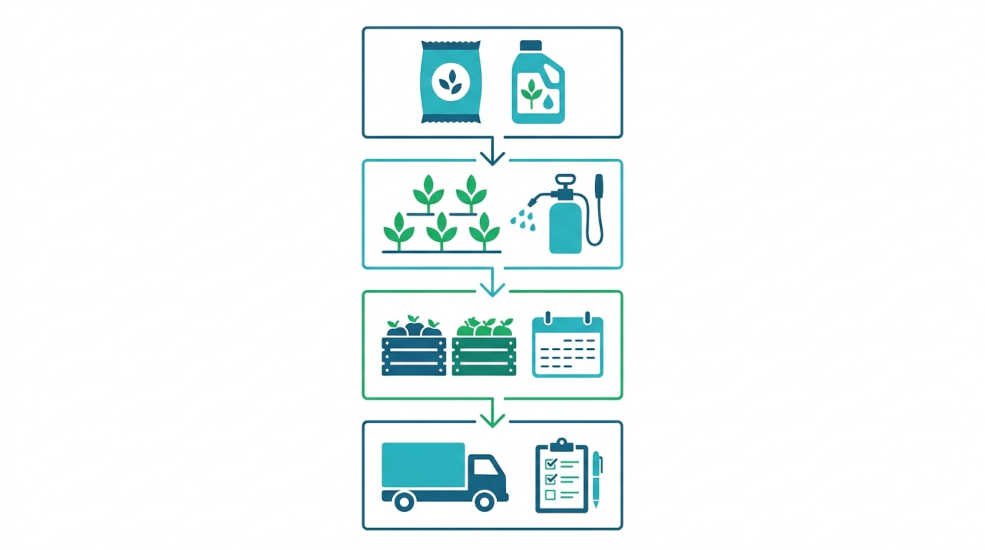 Diagrama de cadena de trazabilidad agrícola en 4 niveles: insumos, producción en campo, cosecha y distribución para exportación de alimentos