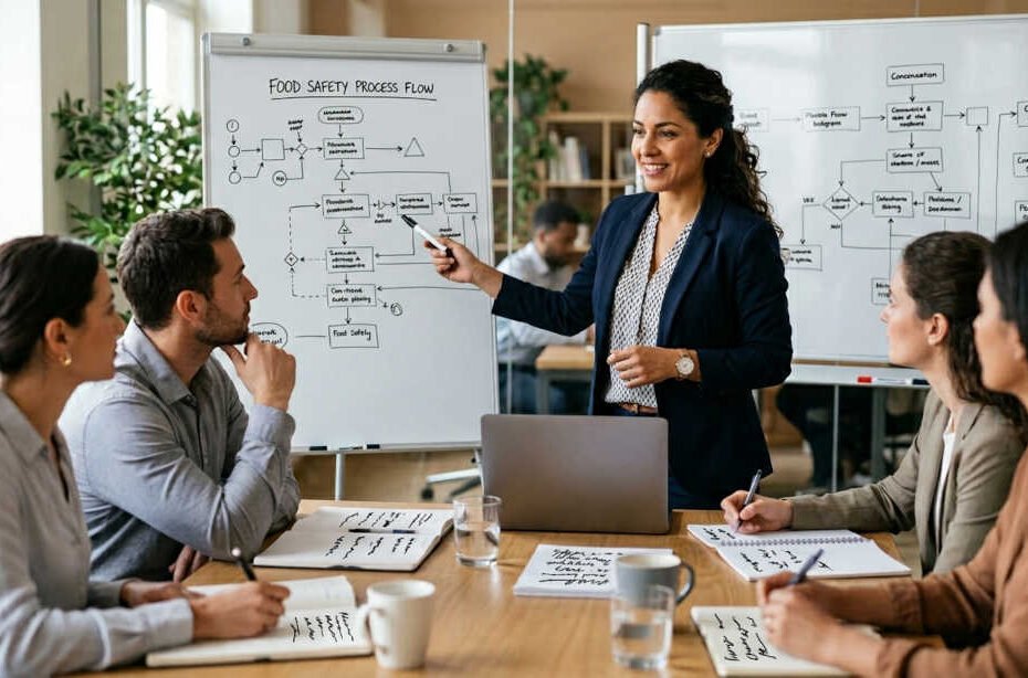 Implementar HACCP en una empresa de alimentos: Consultora de inocuidad alimentaria presentando diagrama de flujo de proceso a equipo de empresa de alimentos durante sesión de implementación del sistema HACCP
