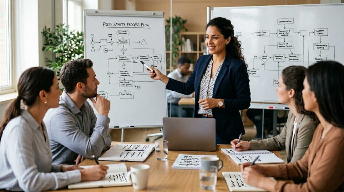 Implementar HACCP en una empresa de alimentos: Consultora de inocuidad alimentaria presentando diagrama de flujo de proceso a equipo de empresa de alimentos durante sesión de implementación del sistema HACCP