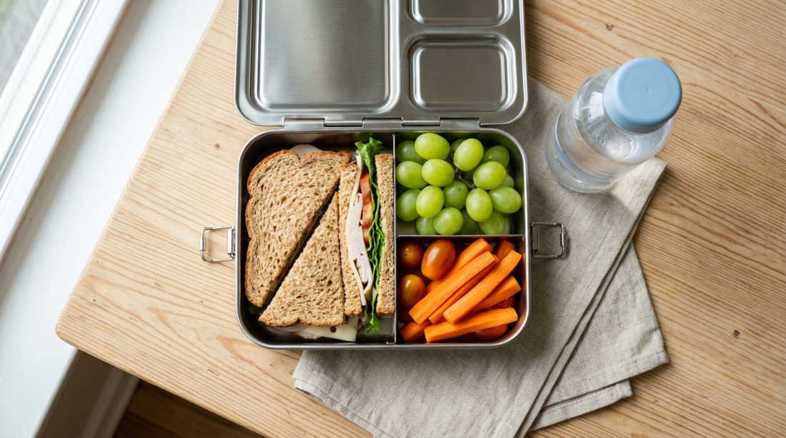 Lonches que los niños sí se comen: lonchera con sándwich integral, uvas y zanahoria, lista para el recreo escolar