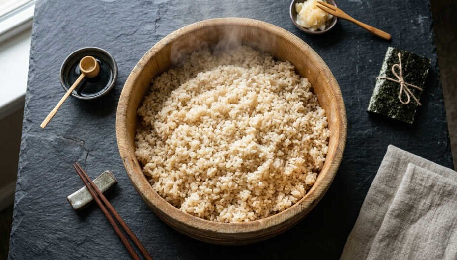 Arroz para sushi recién aderezado con vinagre en tazón de madera