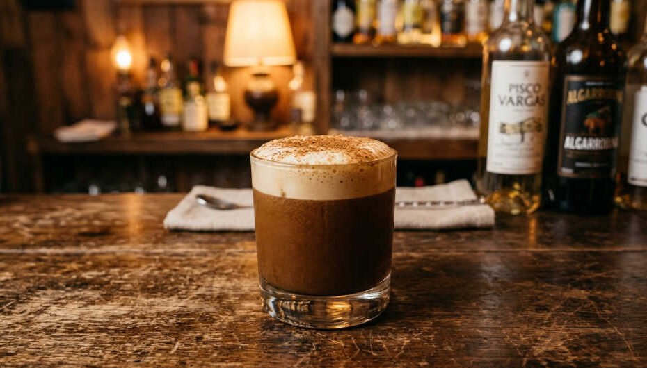 Cóctel de algarrobina peruano servido con espuma y canela