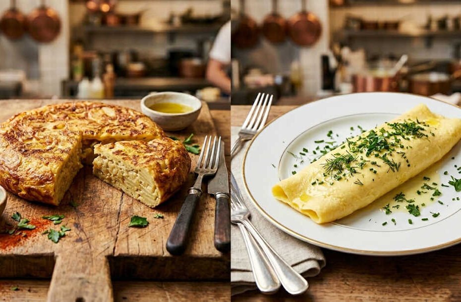 Diferencias entre tortilla española y omelet francés en una sola imagen