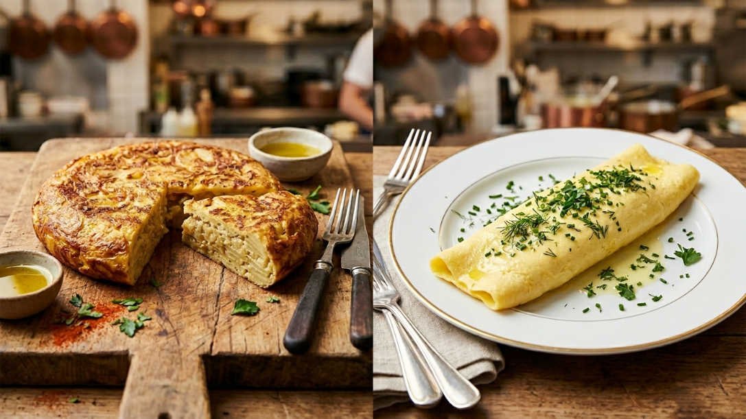 Diferencias entre tortilla española y omelet francés en una sola imagen