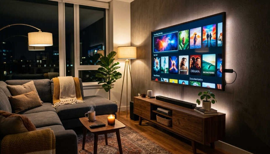 Dispositivo de streaming para tv conectado al puerto HDMI. En una sala de estar moderna con menú de plataformas en pantalla
