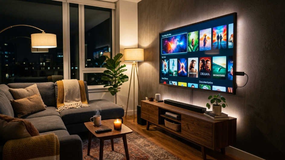 Dispositivo de streaming para tv conectado al puerto HDMI. En una sala de estar moderna con menú de plataformas en pantalla
