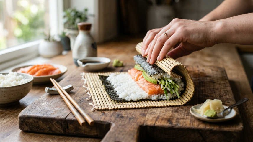 Esterilla makisu de bambú para enrollar rolls de sushi en casa